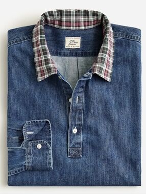 J. Crew Men’s Blue Denim Rugby Long-Sleeve Shirt with Plaid Collar Preppy Size S